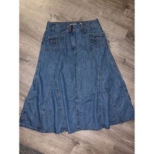Faded Glory Womens Blue Denim Paneled Midi Skirt Medium Wash Cotton Size 12 Y2K